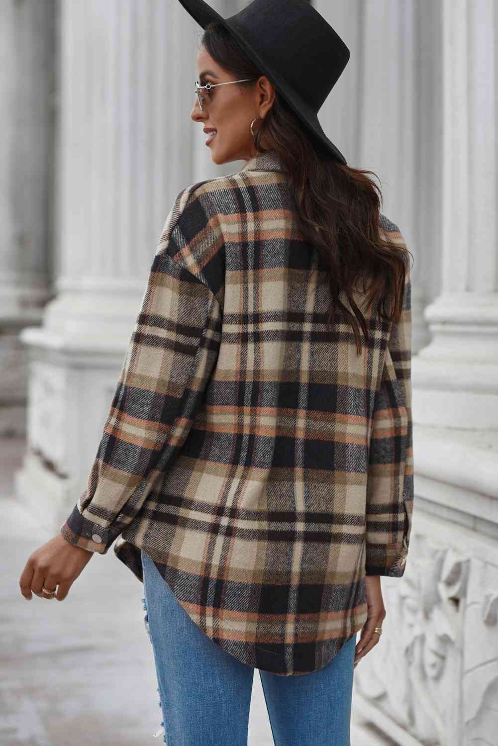 Plaid Curved Hem Dropped Shoulder Longline Shirt Jacket - Scarlett's Riverside Boutique 