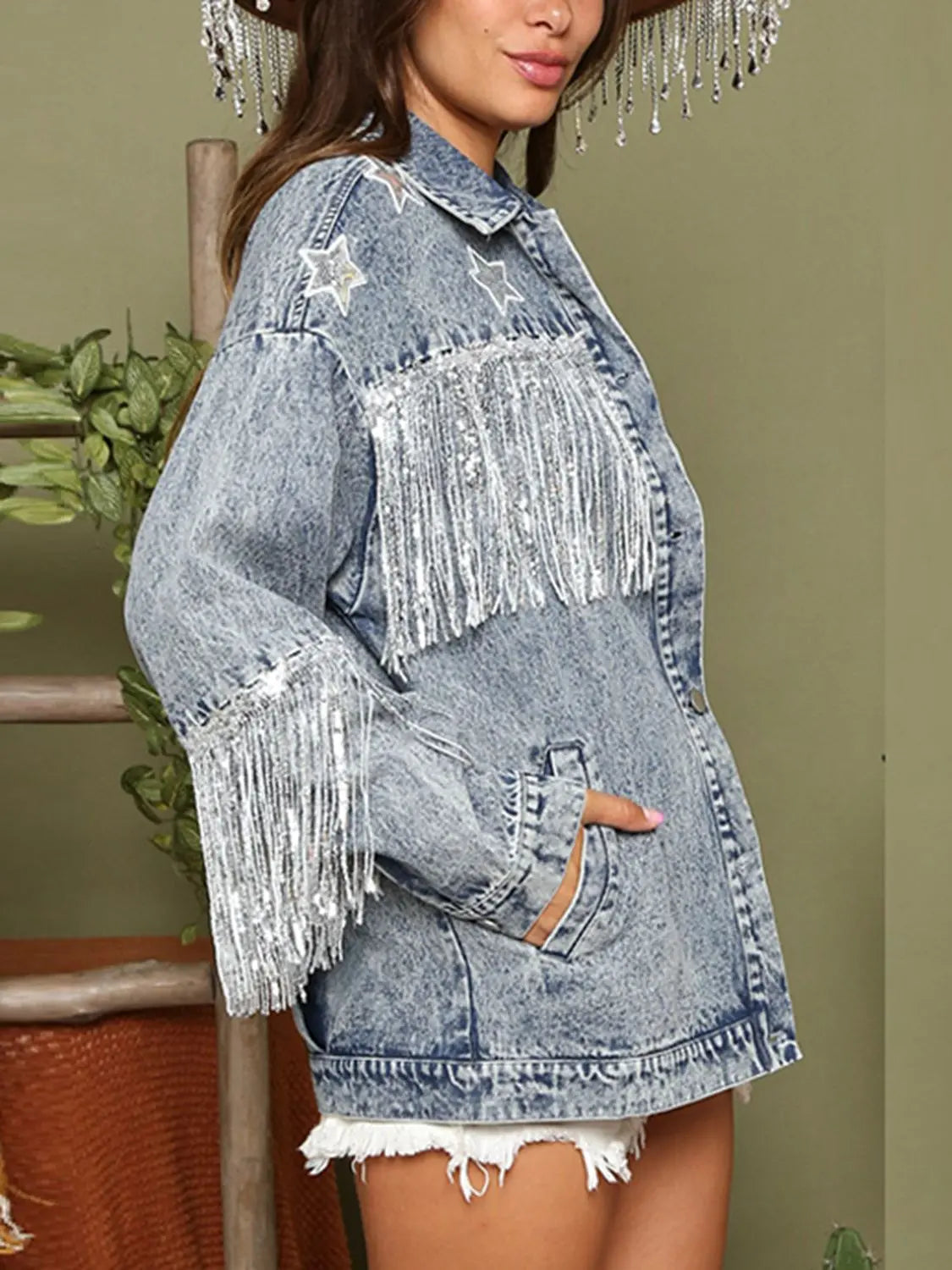 Fringe Detail Long Sleeve Denim Jacket - Scarlett's Riverside Boutique 