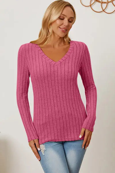 Basic Bae Full Size Ribbed V-Neck Long Sleeve T-Shirt - Scarlett's Riverside Boutique 