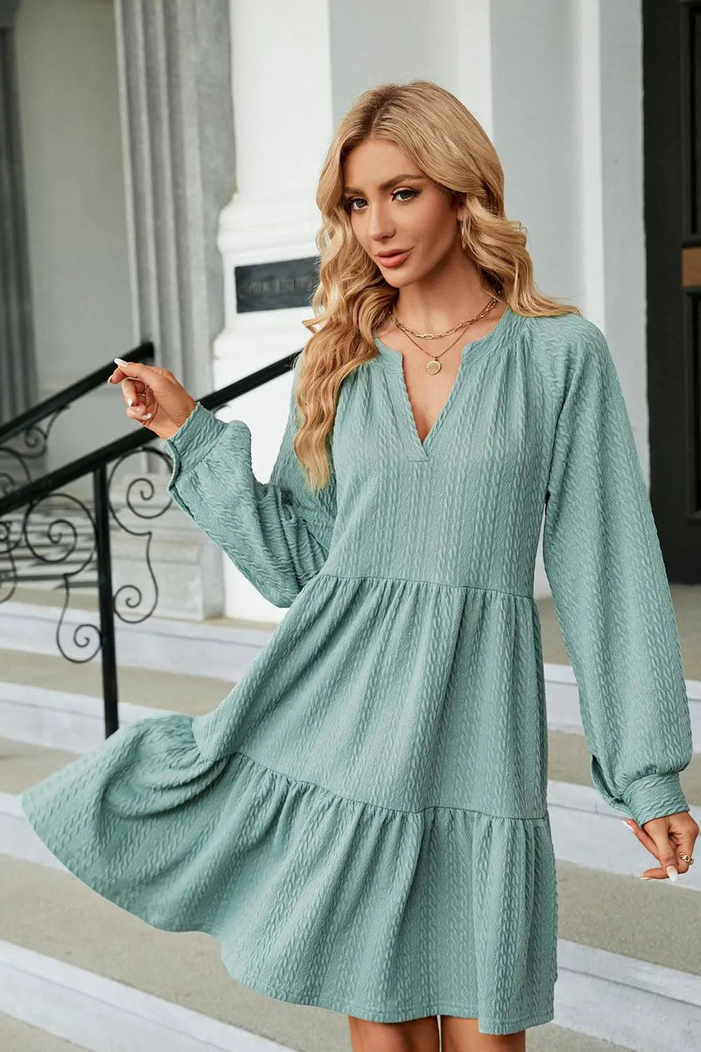 Notched Neck Long Sleeve Mini Dress - Scarlett's Riverside Boutique 