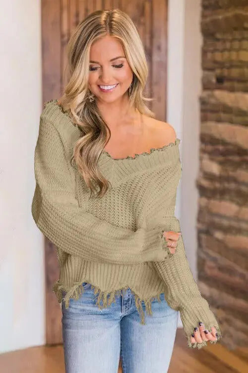 Frayed Hem Dropped Shoulder Sweater - Scarlett's Riverside Boutique 