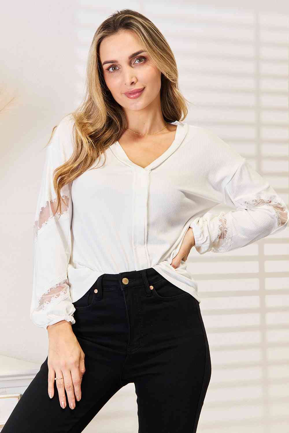 Double Take V-Neck Dropped Shoulder Blouse - Scarlett's Riverside Boutique 