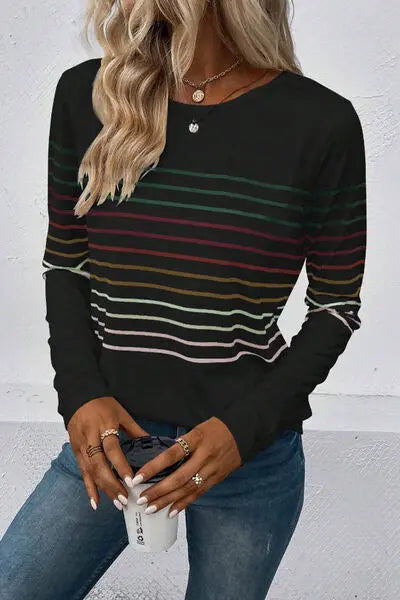 Striped Round Neck Long Sleeve T-Shirt - Scarlett's Riverside Boutique 