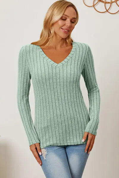 Basic Bae Full Size Ribbed V-Neck Long Sleeve T-Shirt - Scarlett's Riverside Boutique 