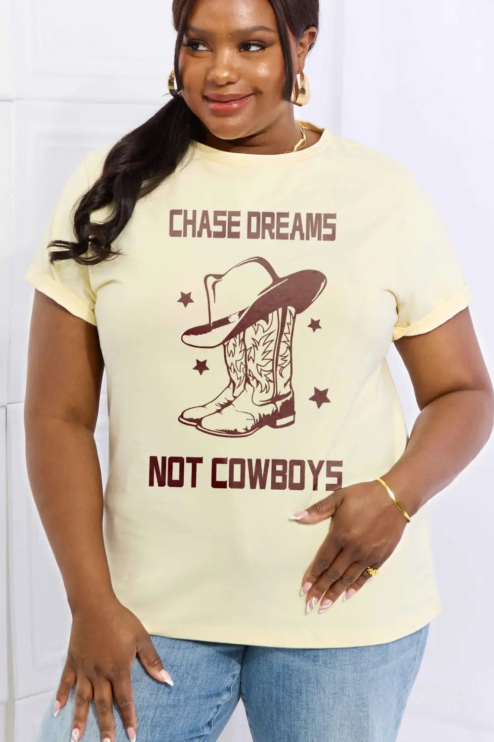 Simply Love Simply Love Full Size CHASE DREAMS NOT COWBOYS Graphic Cotton Tee - Scarlett's Riverside Boutique 