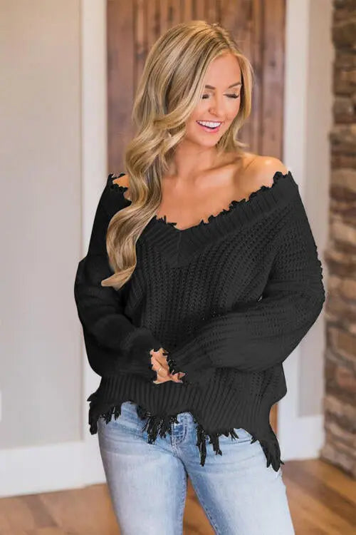 Frayed Hem Dropped Shoulder Sweater - Scarlett's Riverside Boutique 