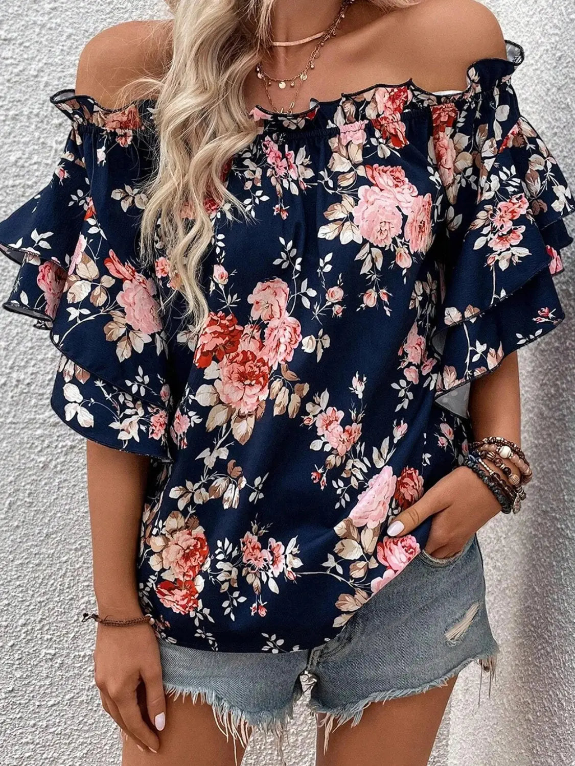 Printed Off-Shoulder Flounce Sleeve Blouse - Scarlett's Riverside Boutique 