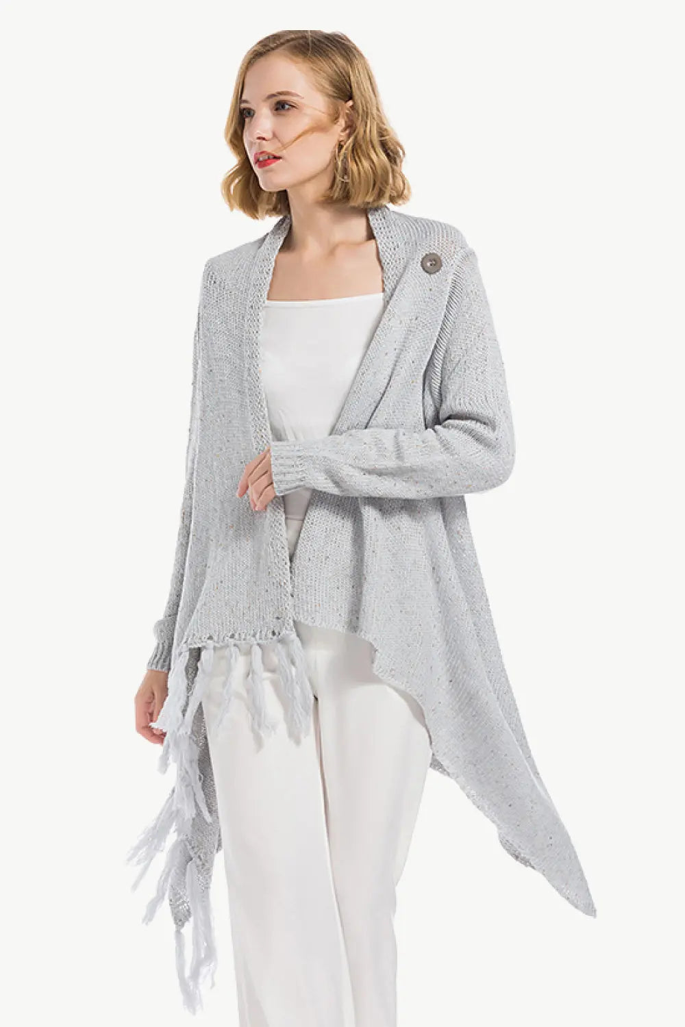 One-Button Tassel Tie Asymmetrical Hem Cardigan - Scarlett's Riverside Boutique 