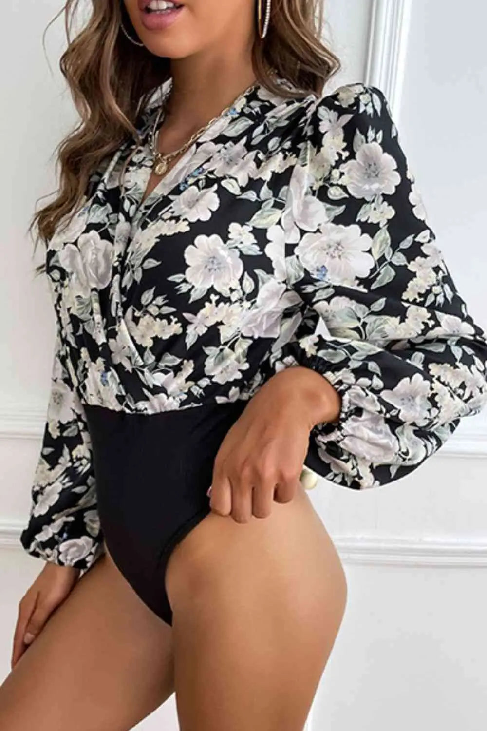 Floral Surplice Neck Puff Sleeve Bodysuit - Scarlett's Riverside Boutique 