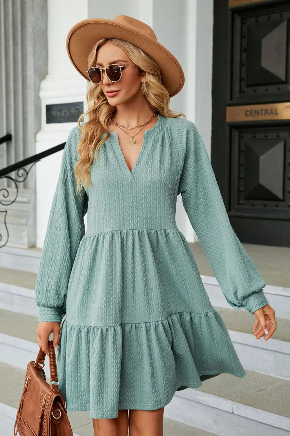 Notched Neck Long Sleeve Mini Dress - Scarlett's Riverside Boutique 