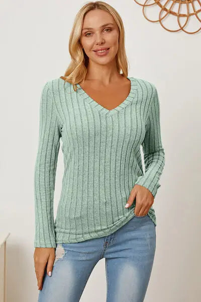 Basic Bae Full Size Ribbed V-Neck Long Sleeve T-Shirt - Scarlett's Riverside Boutique 