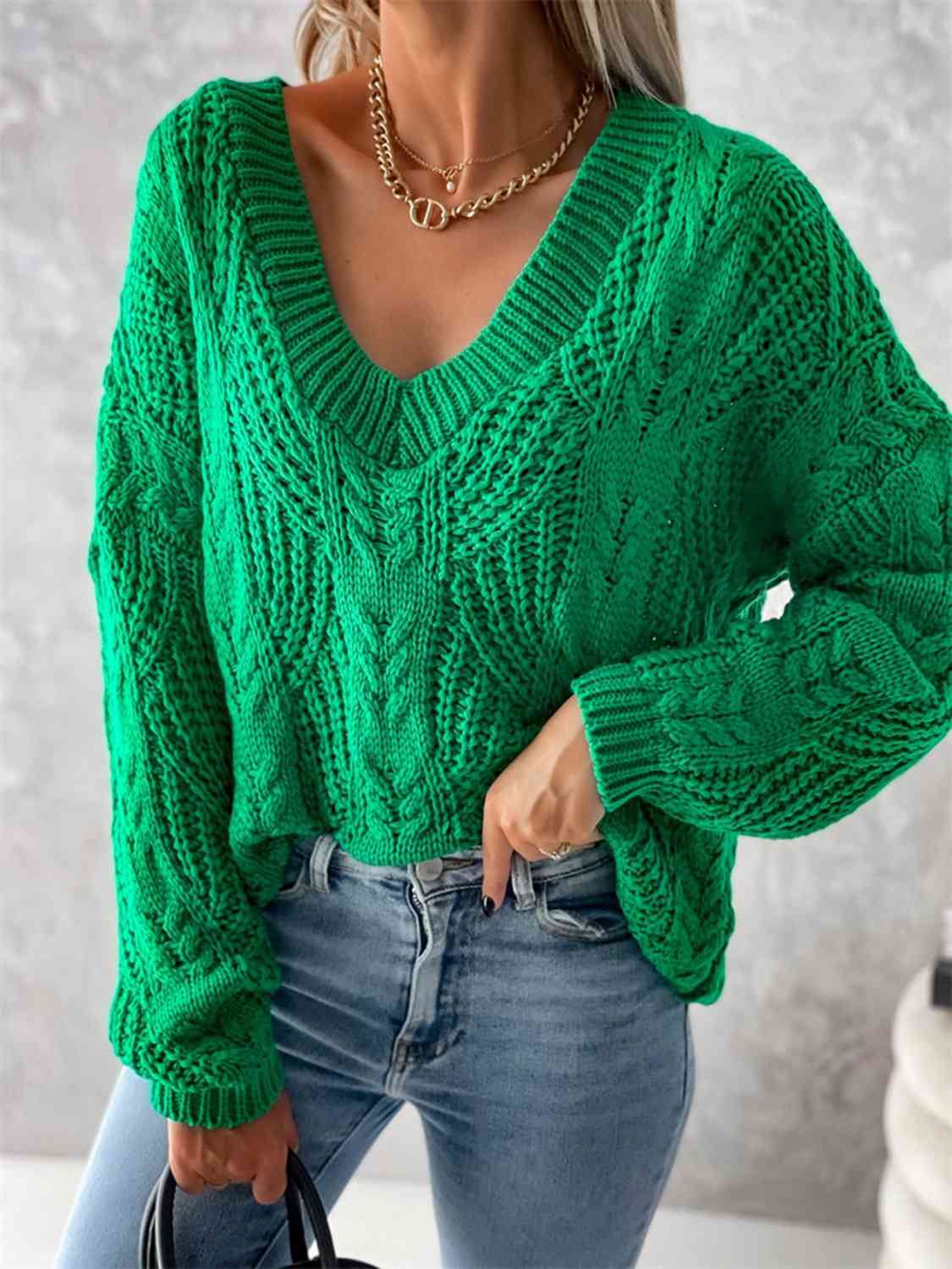 V-Neck Cable-Knit Long Sleeve Sweater - Scarlett's Riverside Boutique 