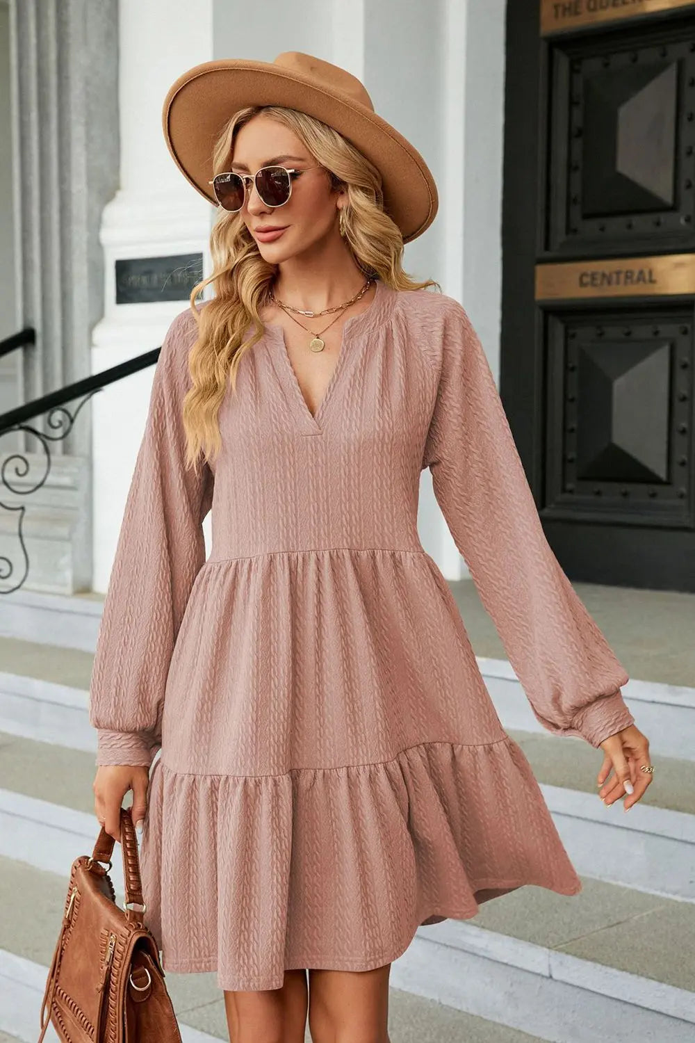 Notched Neck Long Sleeve Mini Dress - Scarlett's Riverside Boutique 