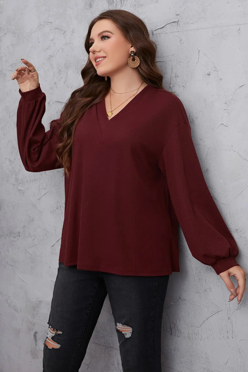 Melo Apparel Plus Size V-Neck Dropped Shoulder Blouse - Scarlett's Riverside Boutique 