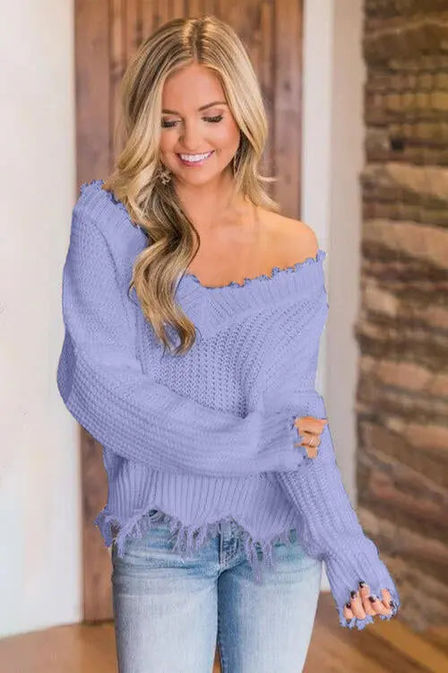 Frayed Hem Dropped Shoulder Sweater - Scarlett's Riverside Boutique 