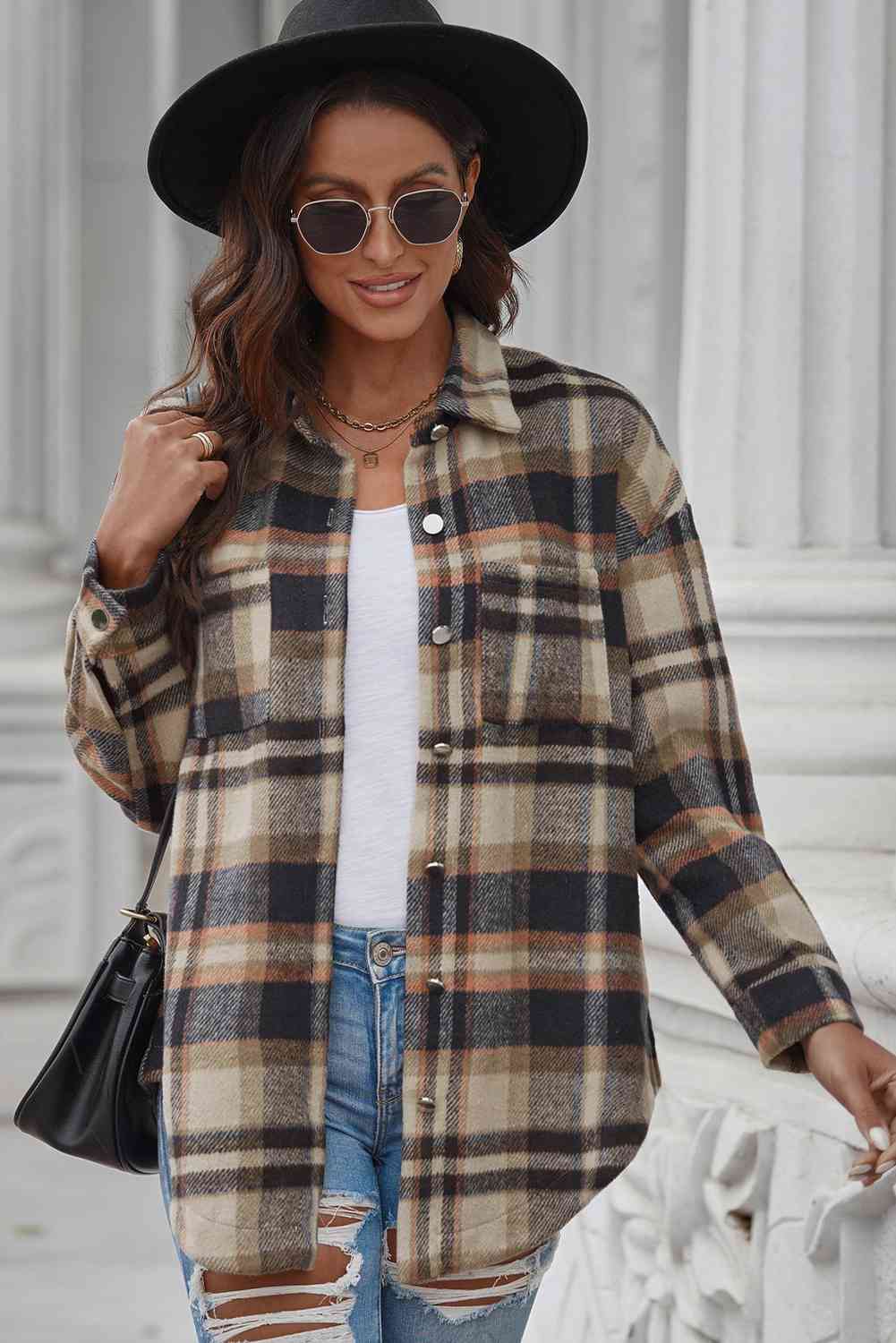 Plaid Curved Hem Dropped Shoulder Longline Shirt Jacket - Scarlett's Riverside Boutique 