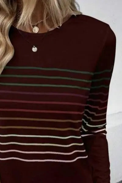 Striped Round Neck Long Sleeve T-Shirt - Scarlett's Riverside Boutique 