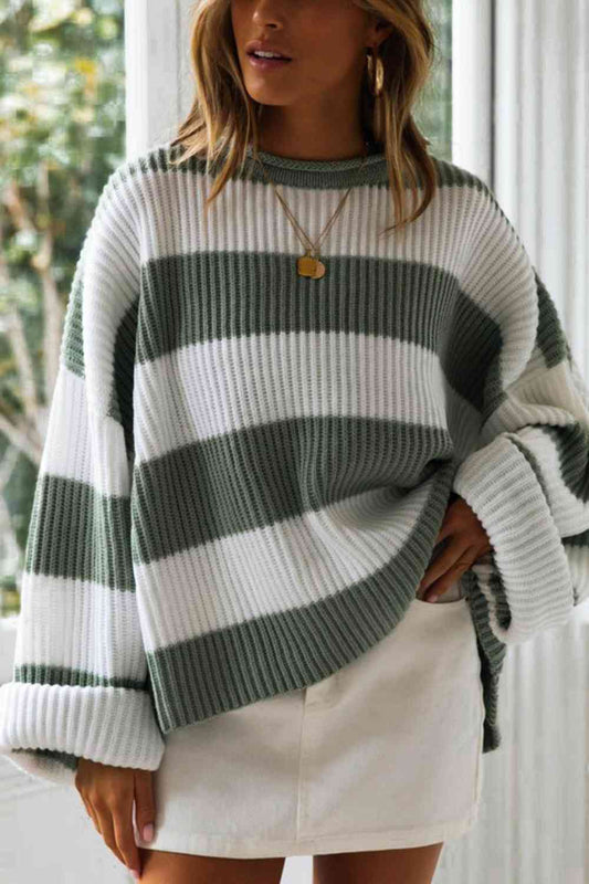 Striped Round Neck Long Sleeve Sweater - Scarlett's Riverside Boutique 