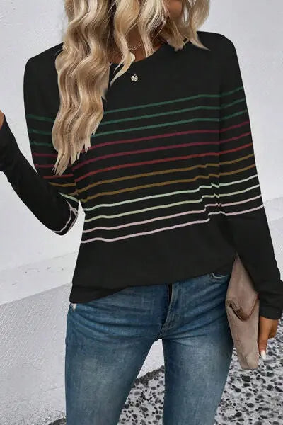 Striped Round Neck Long Sleeve T-Shirt - Scarlett's Riverside Boutique 