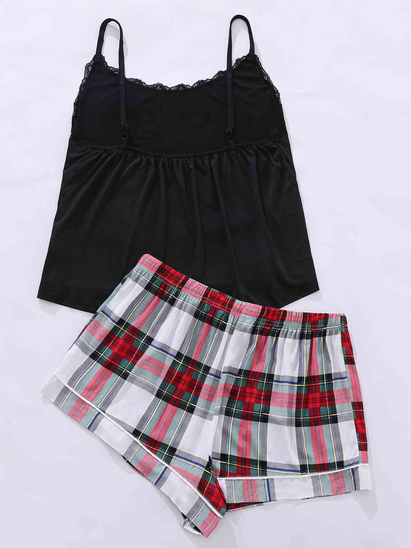 Plus Size Lace Trim Scoop Neck Cami and Printed Shorts Pajama Set - Scarlett's Riverside Boutique 