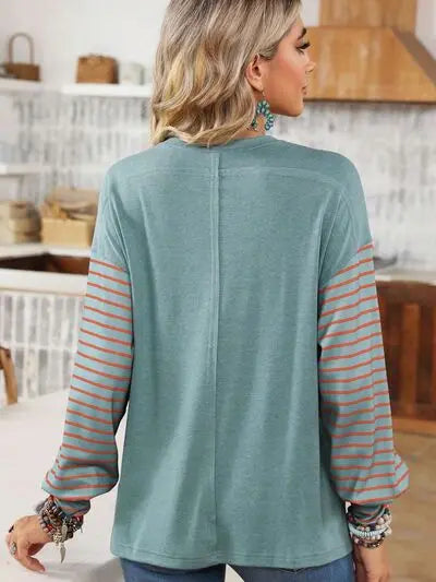 Round Neck Striped Long Sleeve Slit T-Shirt - Scarlett's Riverside Boutique 