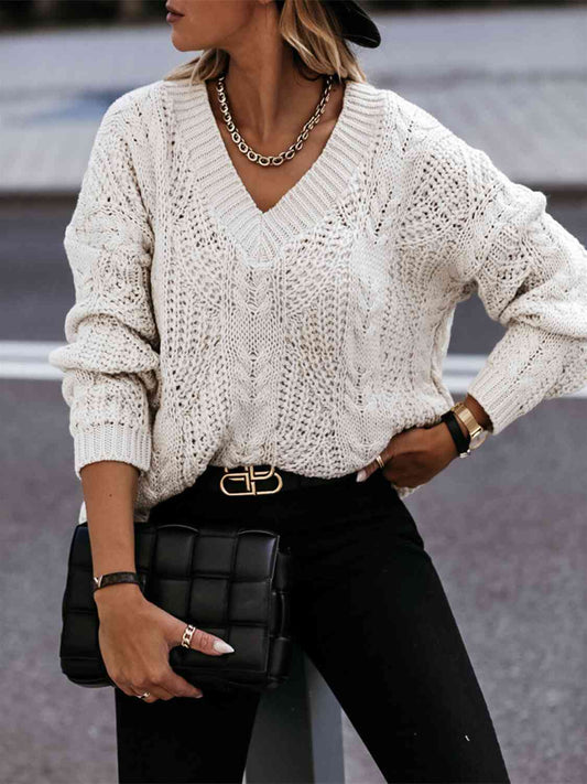 V-Neck Cable-Knit Long Sleeve Sweater - Scarlett's Riverside Boutique 