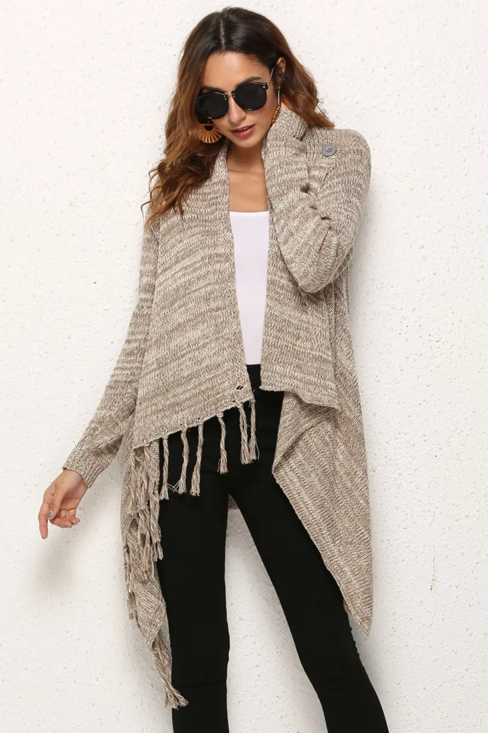 One-Button Tassel Tie Asymmetrical Hem Cardigan - Scarlett's Riverside Boutique 