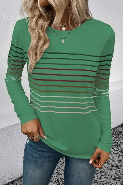 Striped Round Neck Long Sleeve T-Shirt - Scarlett's Riverside Boutique 