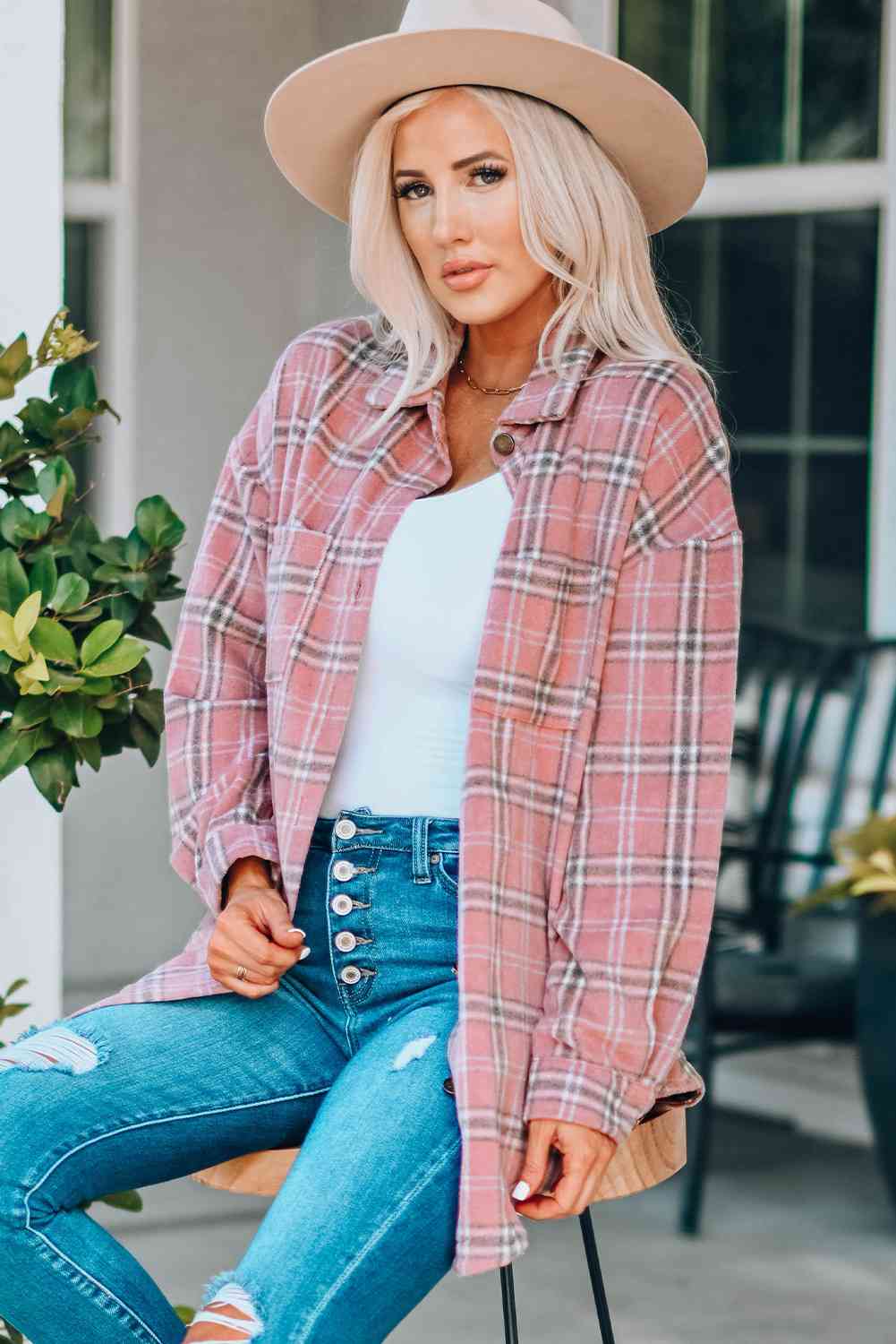 Plaid Curved Hem Dropped Shoulder Longline Shirt Jacket - Scarlett's Riverside Boutique 