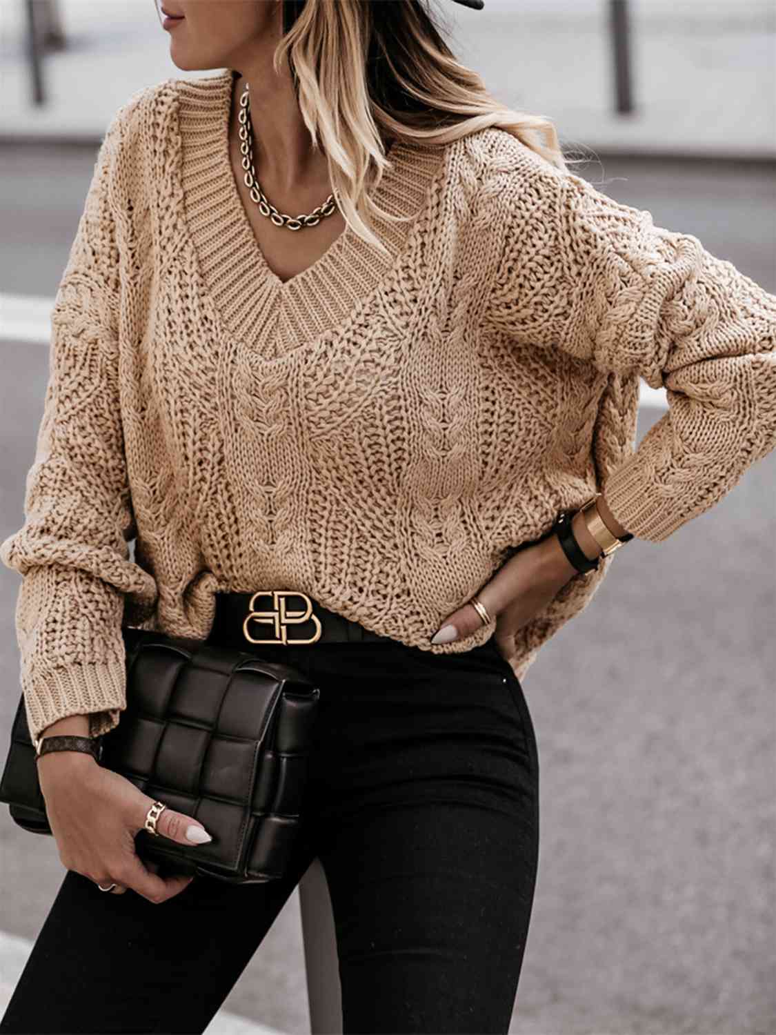 V-Neck Cable-Knit Long Sleeve Sweater - Scarlett's Riverside Boutique 