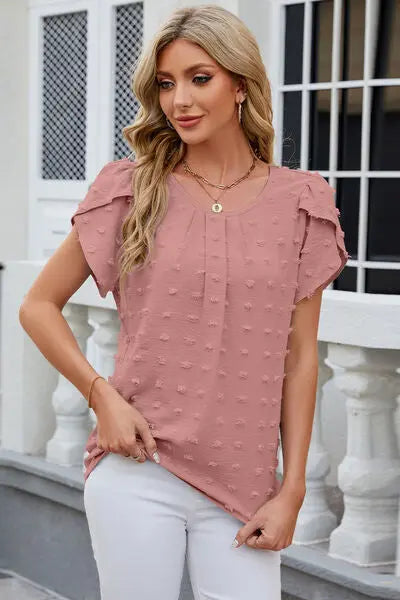 Swiss Dot Round Neck Short Sleeve T-Shirt - Scarlett's Riverside Boutique 