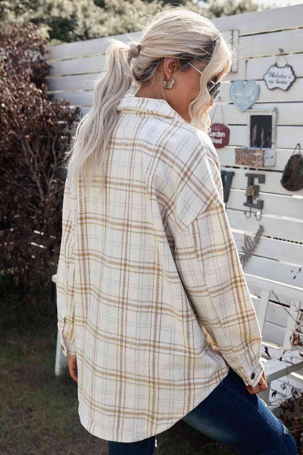 Plaid Curved Hem Dropped Shoulder Longline Shirt Jacket - Scarlett's Riverside Boutique 