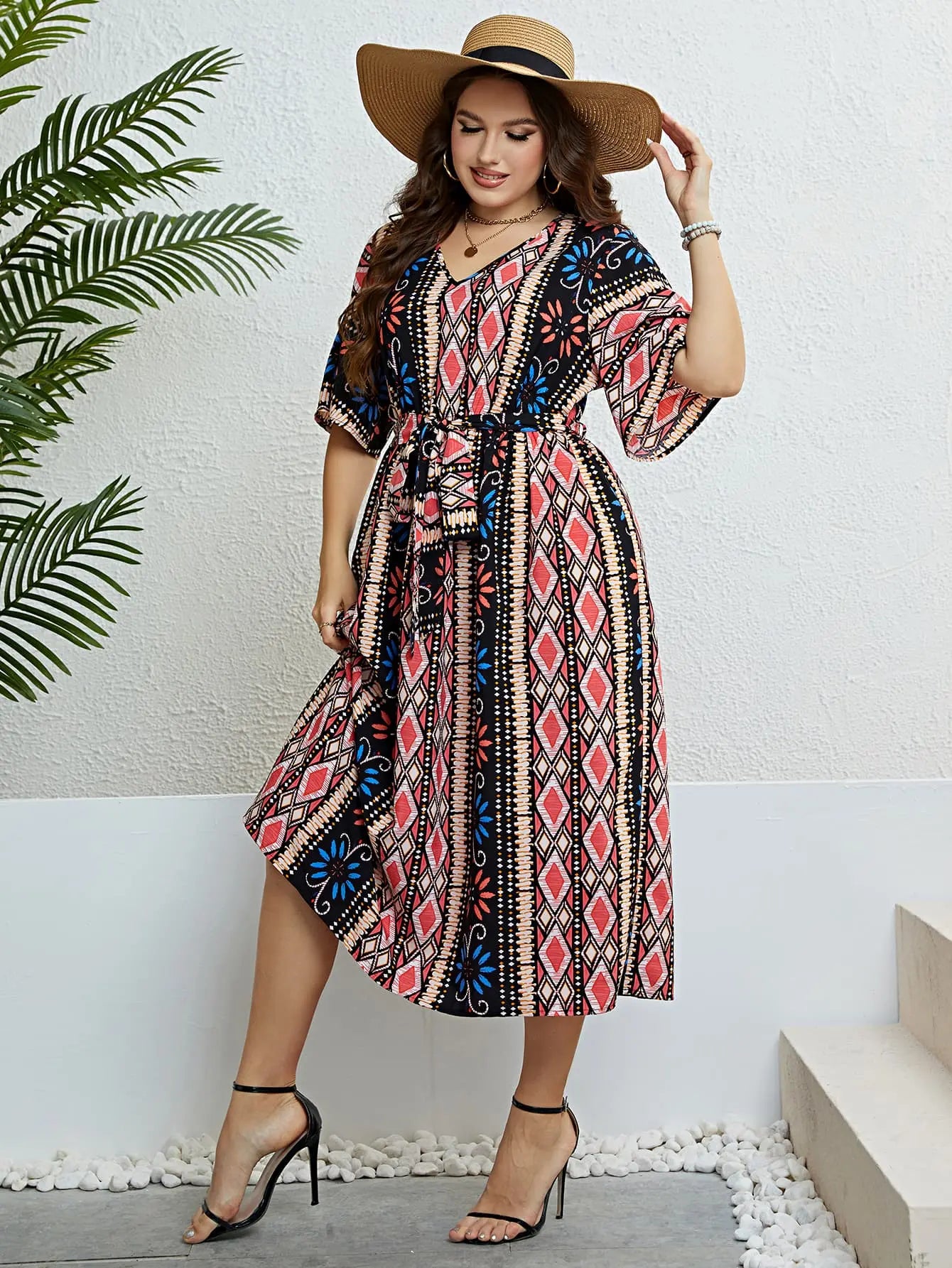 Plus Size Bohemian V-Neck Tie Belt Midi Dress - Scarlett's Riverside Boutique 