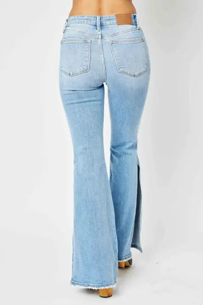 Judy Blue Full Size Mid Rise Raw Hem Slit Flare Jeans - Scarlett's Riverside Boutique 