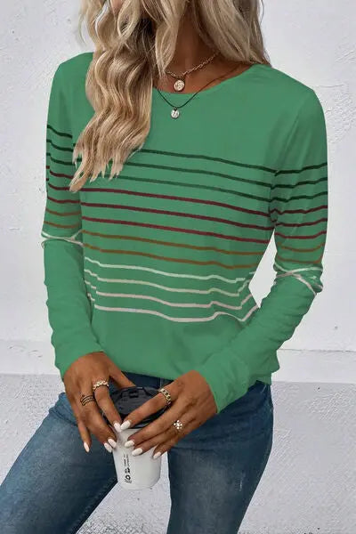 Striped Round Neck Long Sleeve T-Shirt - Scarlett's Riverside Boutique 