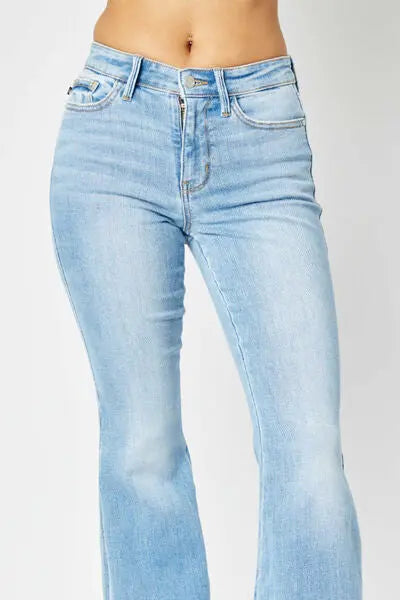 Judy Blue Full Size Mid Rise Raw Hem Slit Flare Jeans - Scarlett's Riverside Boutique 