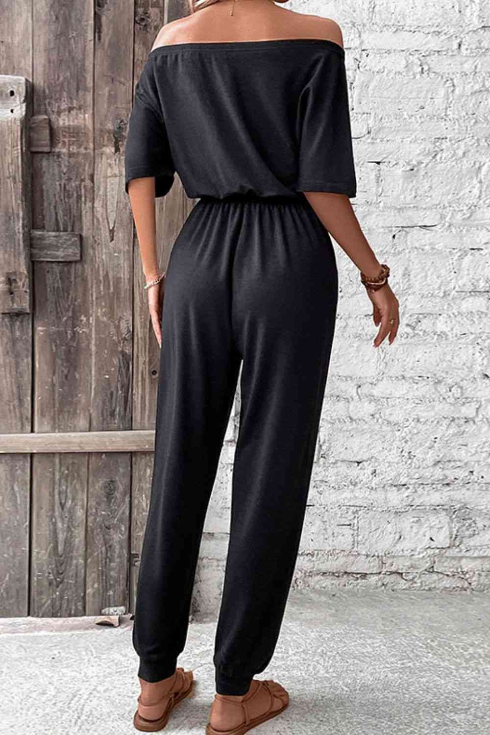 Off-Shoulder Jumpsuit with Pockets - Scarlett's Riverside Boutique 