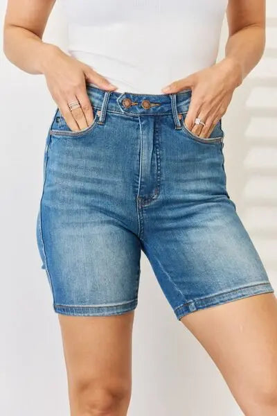 Judy Blue Full Size Tummy Control Double Button Bermuda Denim Shorts - Scarlett's Riverside Boutique 